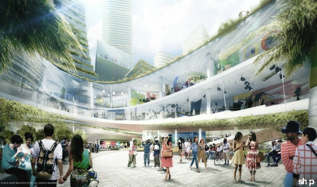 The original skyward view of a courtyard within the Miami Innovation District’s planned complex. This rendering was on the development’s website, and was created before the project was part of Miami’s application for an Amazon headquarters.
