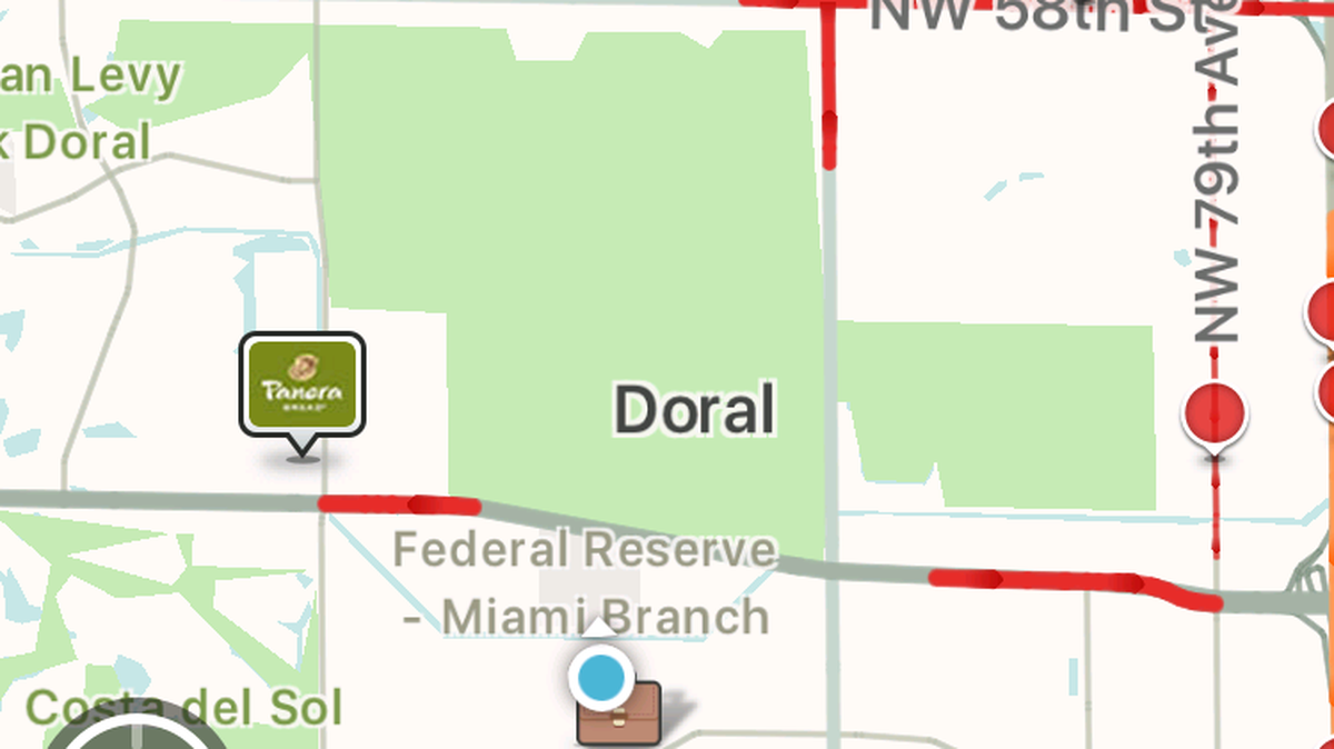 A screen grab of the Waze app when activated at the Miami Herald’s offices in Doral. Note the slowdowns marked in red.