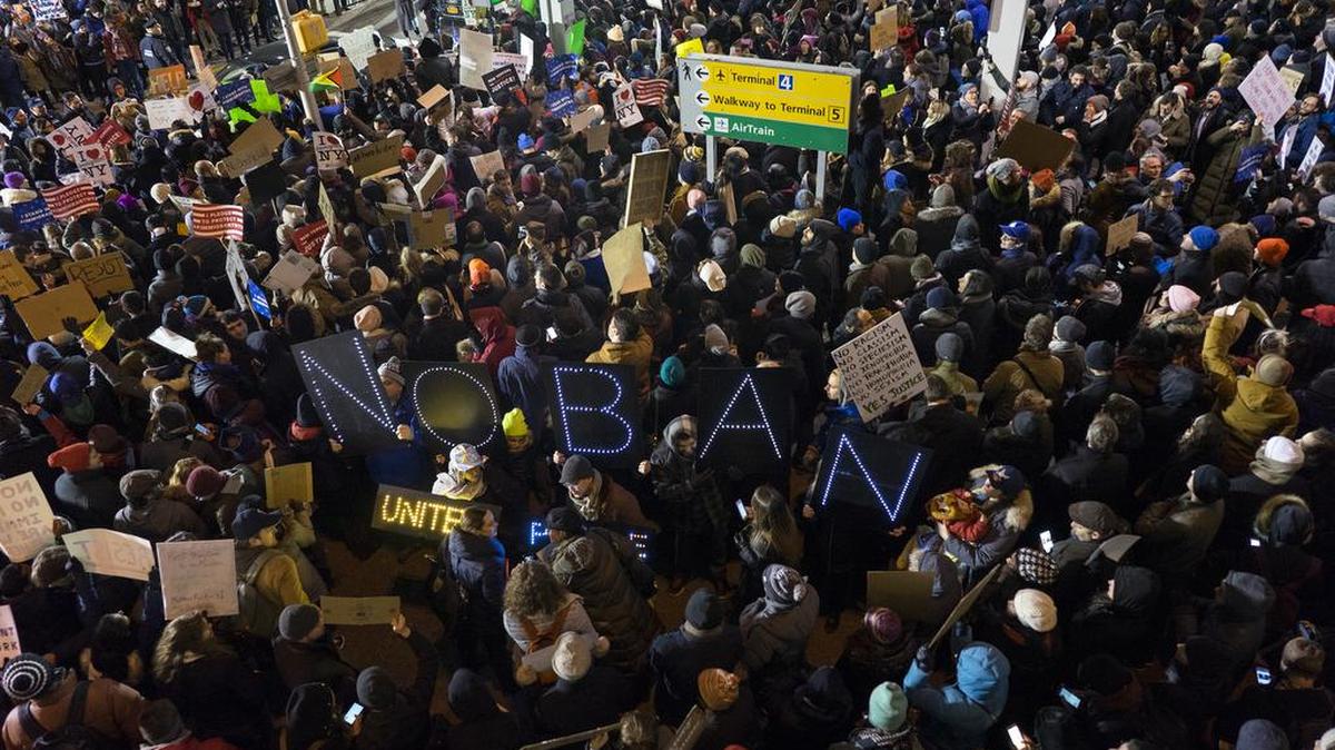 Protesters assemble at John F. Kennedy International Airport in New York, Saturday, Jan. 28, 2017 after earlier in the day two Iraqi refugees were detained while trying to enter the country. On Friday, Jan. 27, President Donald Trump signed an executive order suspending all immigration from countries with terrorism concerns for 90 days. Countries included in the ban are Iraq, Syria, Iran, Sudan, Libya, Somalia and Yemen, which are all Muslim-majority nations.