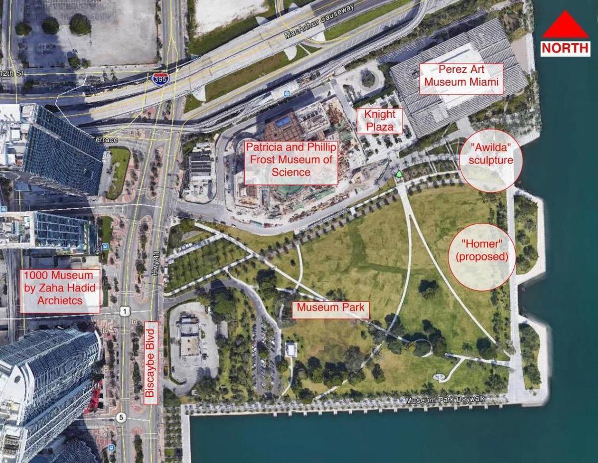 A sky-high view of where the home-run sculpture would go in Miami’s Museum Park, as conceived by Miami-Dade County. A county official said the plan, drafted in February, is dead.