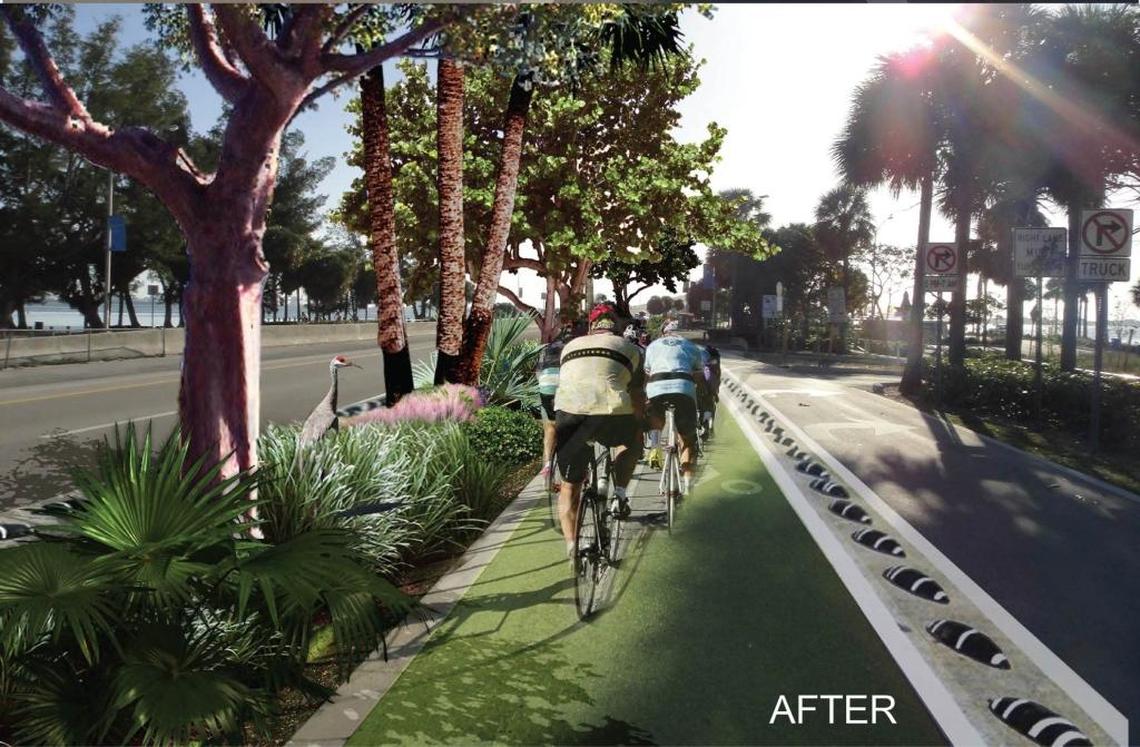 A rendering of a possible divided bike lane on the Rickenbacker Causeway, as proposed by architect Bernard Zyscovich, that would provide more protection to cyclists on the popular route.