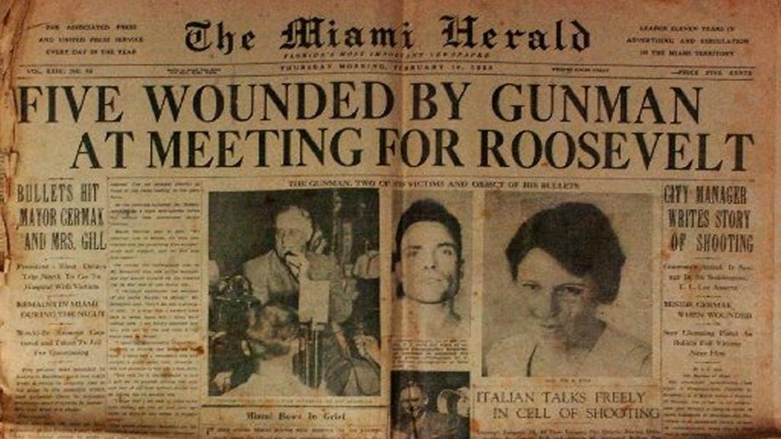 An original front page of The Miami Herald on the day after the assassination attempt by Giuseppe Zangara on FDR at Miami's Bayfront Park in February 1933.