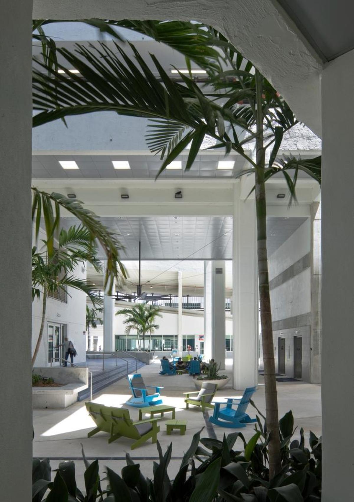 An enclosed patio at the renovated tower on the corner of Southwest Eighth Street and 27th Avenue that’s now part of Miami Dade College’s InterAmerican Campus.
