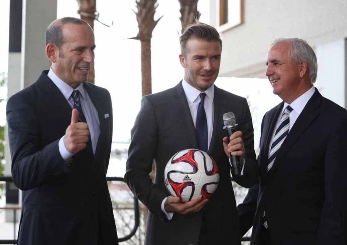 David Beckham (center), MLS Commissioner Don Garber (left), and Miami-Dade Mayor Carlos Gimenez in 2014.