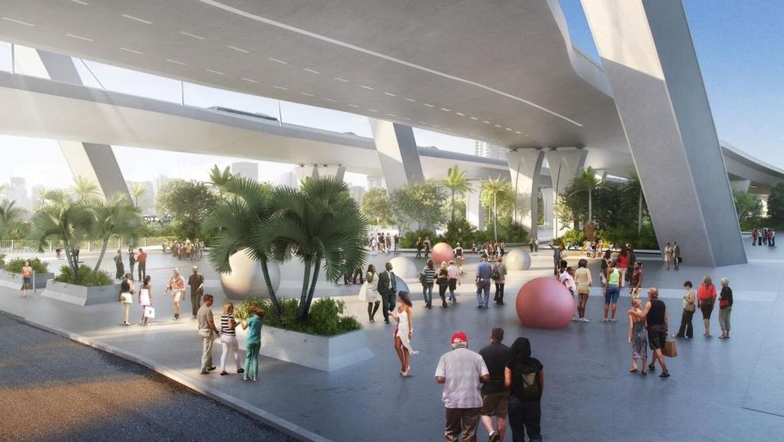 A view looking west of a plaza under the Interstate 395 signature bridge at Biscayne Boulevard in a proposal by the Archer Western-The de Moya Group.