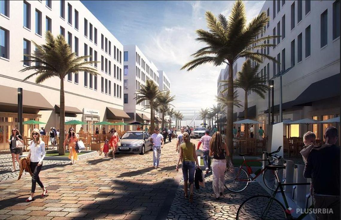 A rendering of a concept for a woonerf in a new pedestrian friendly zoning district in eastern Hialeah.