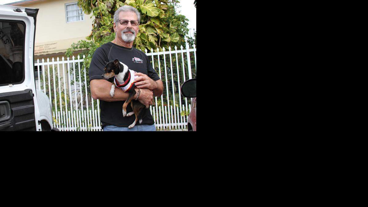
Robert Plafke, managing director of Dogs On The Move, holds Rey. He and the other driver will be rotating shifts at the wheel to deliver these dogs to a humane society in Iowa where they'll have high chances of getting adopted. ‘Love your dogs,’ he says. ‘People get a dog because they think they're cute. They don't realize it's a big responsibility, like raising a kid.’
