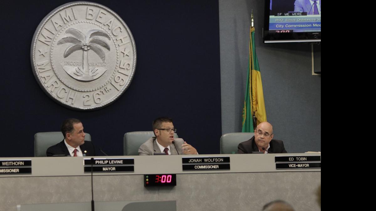 
Miami Beach Mayor Philip Levine, Commissioner Jonah Wolfson and Vice Mayor Ed Tobin discuss campaign finance issues at Wednesday’s meeting.
