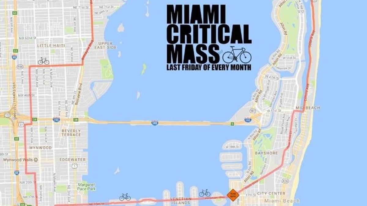 The map shows the route that riders participating in Critical mass will take Friday. The riders will begin in Downtown Miami and travel through Miami Beach before returning to the mainland.