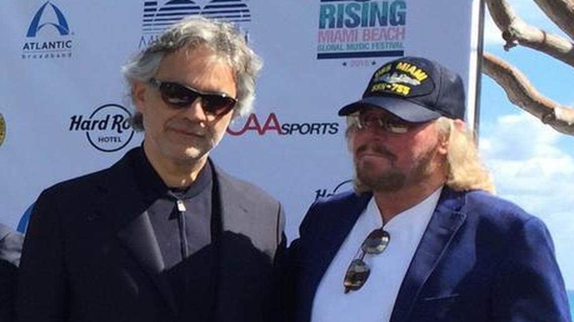
Andrea Bocelli, left, and Barry Gibb pose for a photo Monday, Feb. 16, 2015, at the announcement of performers for the Miami Beach centennial concert.
