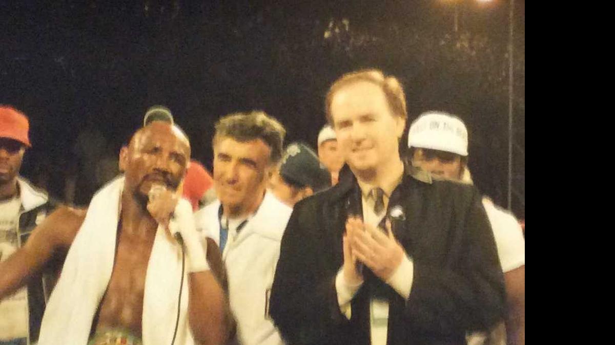 
Marvin Hagler, Hagler’s trainer Goody Petronelli and Jimmy Resnick. Resnick put the championship belt on Hagler after he won the fight.
