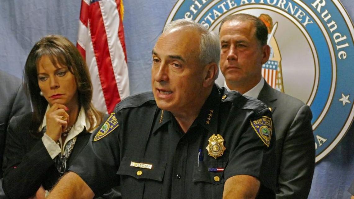 State Attorney Katherine Fernandez Rundle, Miami Beach Police Chief, Dan Oates, and Miami Beach Mayor Philip Levine at press conference regarding inappropriate emails by the Miami Beach Police Department.
