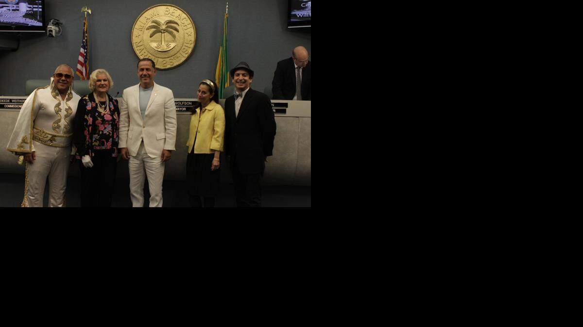 
City Manager Jimmy Morales, Commissioner Joy Malakoff, Mayor Philip Levine, Commissioner Micky Steinberg, and City Clerk Rafael Granado pose for a photo before Wednesday’s commission meeting. City commissioners and staff wore costumes from different periods of Miami Beach’s history in the spirit of the city’s upcoming centennial celebration.
