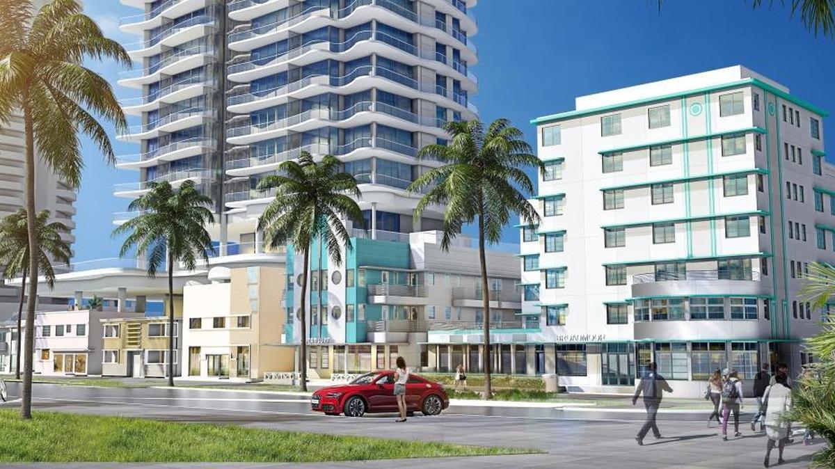 This rendering shows the view facing west from the northeast corner of Ocean Terrace and 75th Street in Miami Beach. Two historic late-era Deco hotels on the corner would be restored and connected while former hotel facades would be adapted to become storefronts. Behind the preserved facades, a new 135-foot condo building would be constructed.