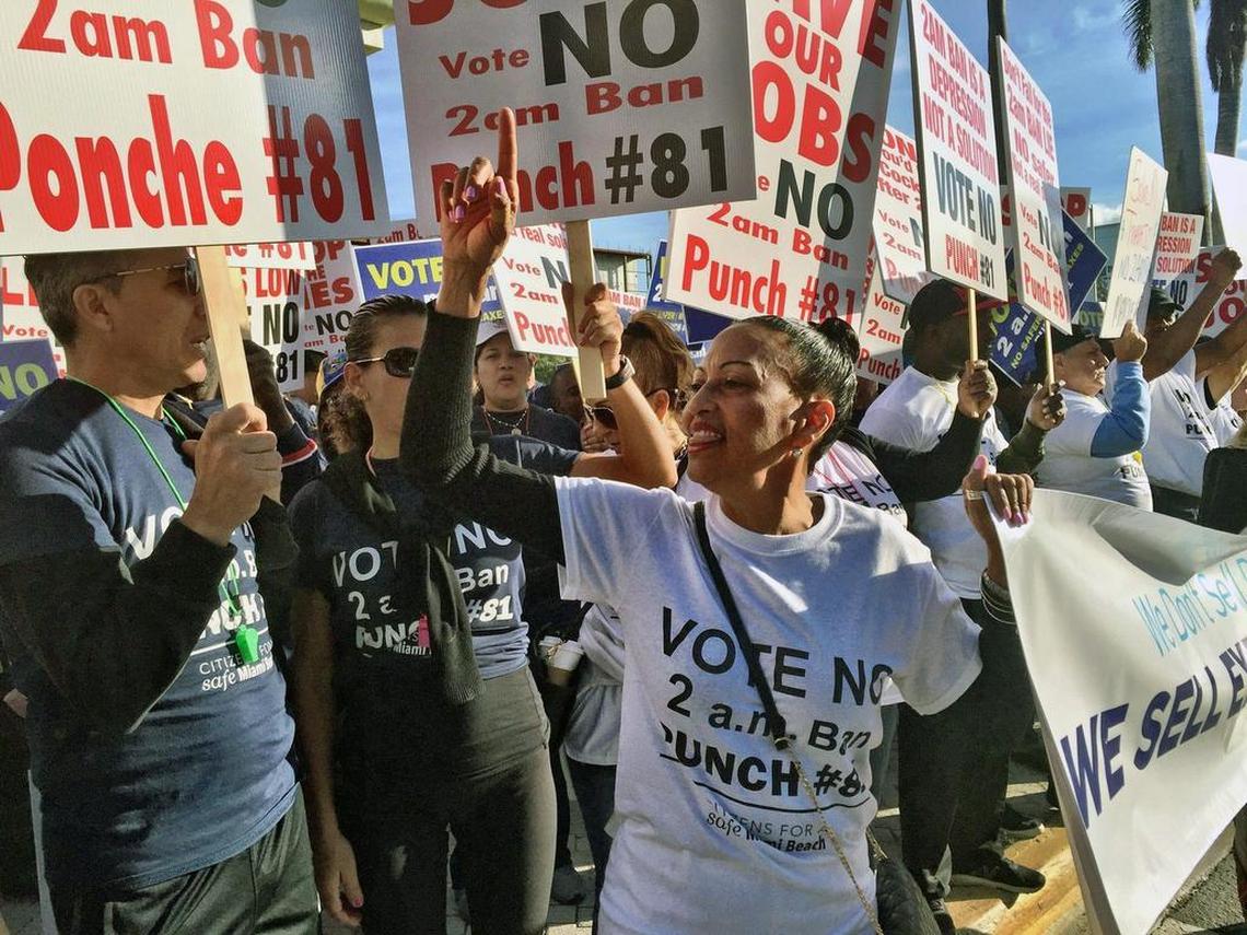 Rally outside Miami Beach City Hall, on Tuesday, October 31, 2017, as residents, employees and businesses oppose the Nov. 7 referendum that would rollback alcohol sales at some Ocean Drive businesses from 5 a.m. to 2 a.m.