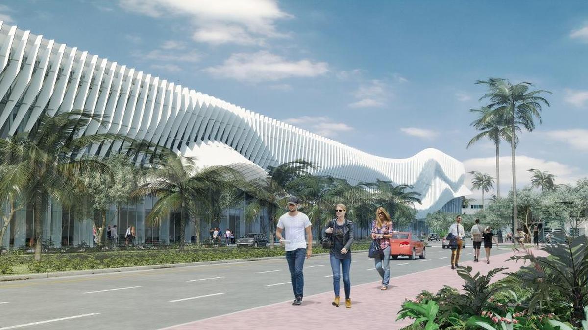 An artist’s rendering of the renovated Miami Beach Convention Center as seen from Washington Avenue.