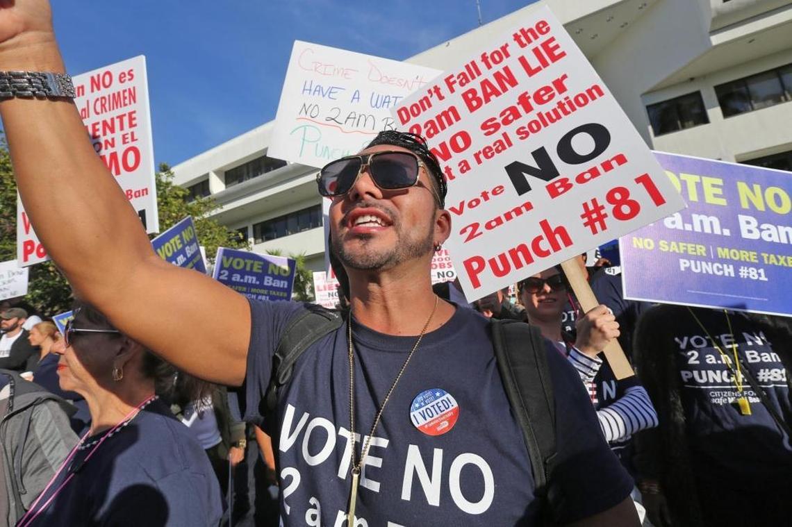 Hundreds of demonstrators working in the hospitality industry in Miami Beach protest in front of Miami Beach City Hall against the possibility of banning liquor sales past 2 a.m. on Tuesday, October 31, 2017.