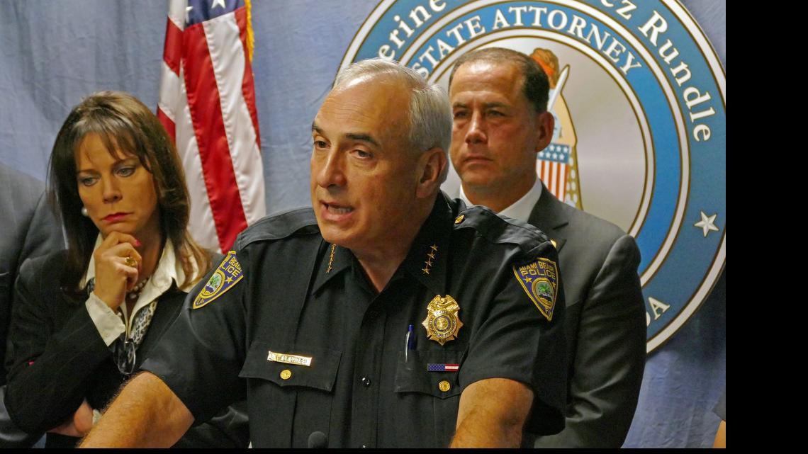 
State Attorney Katherine Fernandez Rundle, Miami Beach Police Chief Dan Oates and Miami Beach Mayor Philip Levine hold a news conference regarding inappropriate emails by the Miami Beach Police Department on Thursday, May 14, 2015.
