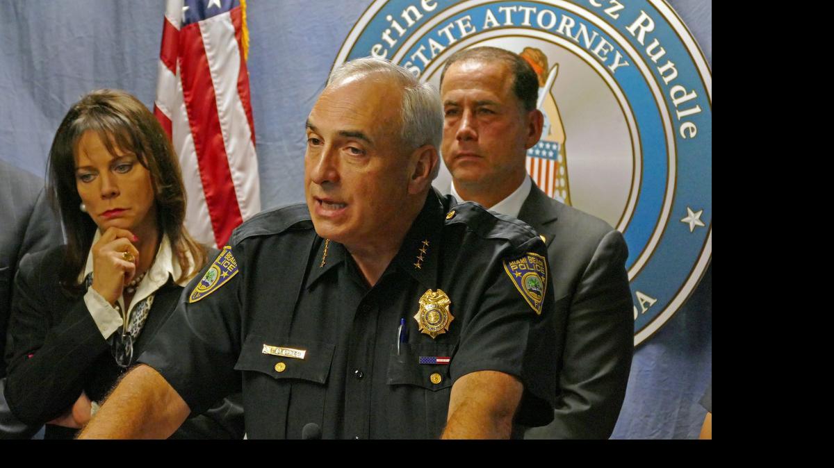 
State Attorney Katherine Fernandez Rundle, Miami Beach Police Chief Dan Oates and Miami Beach Mayor Philip Levine hold a news conference regarding inappropriate emails by the Miami Beach Police Department on Thursday, May 14, 2015.
