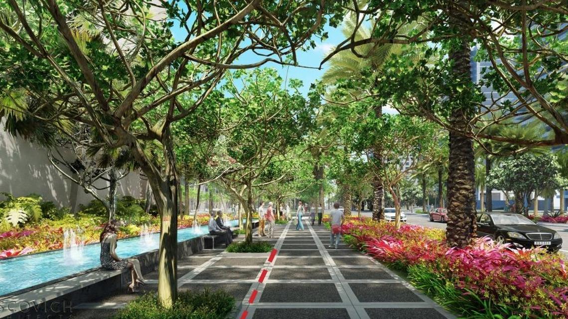 Under the new plan to expand the Bal Harbour Shops, the sidewalk lining the property would be beautified with landscaping and fountains.