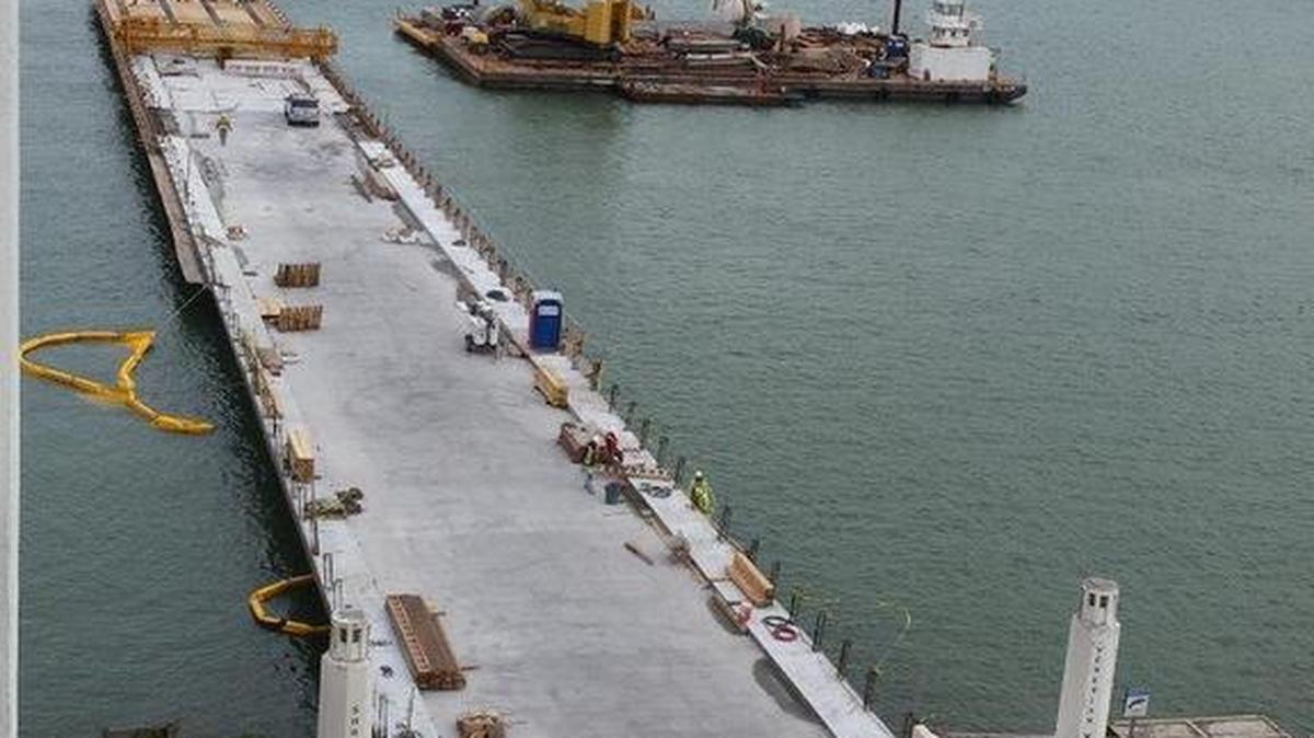 This image shows crews working on the new section of the Venetian Causeway in January 2016.