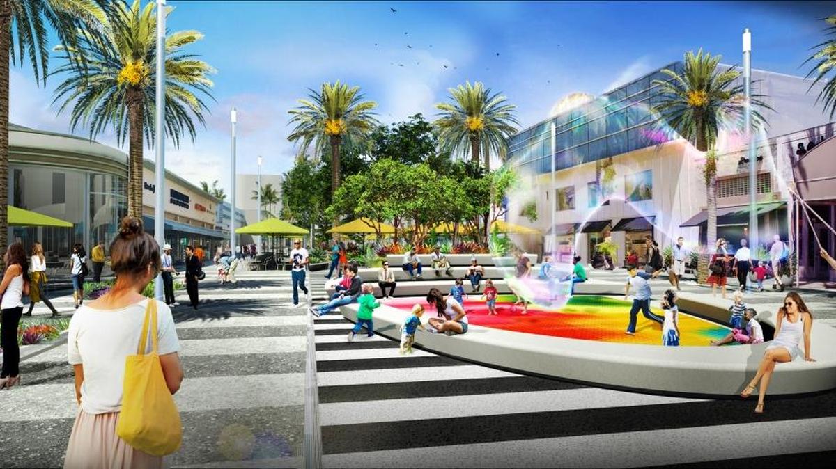 At Euclid Avenue and Lincoln Road, the current turf-covered oval would be redone as part planter and part amphitheater, with loud colored floor.