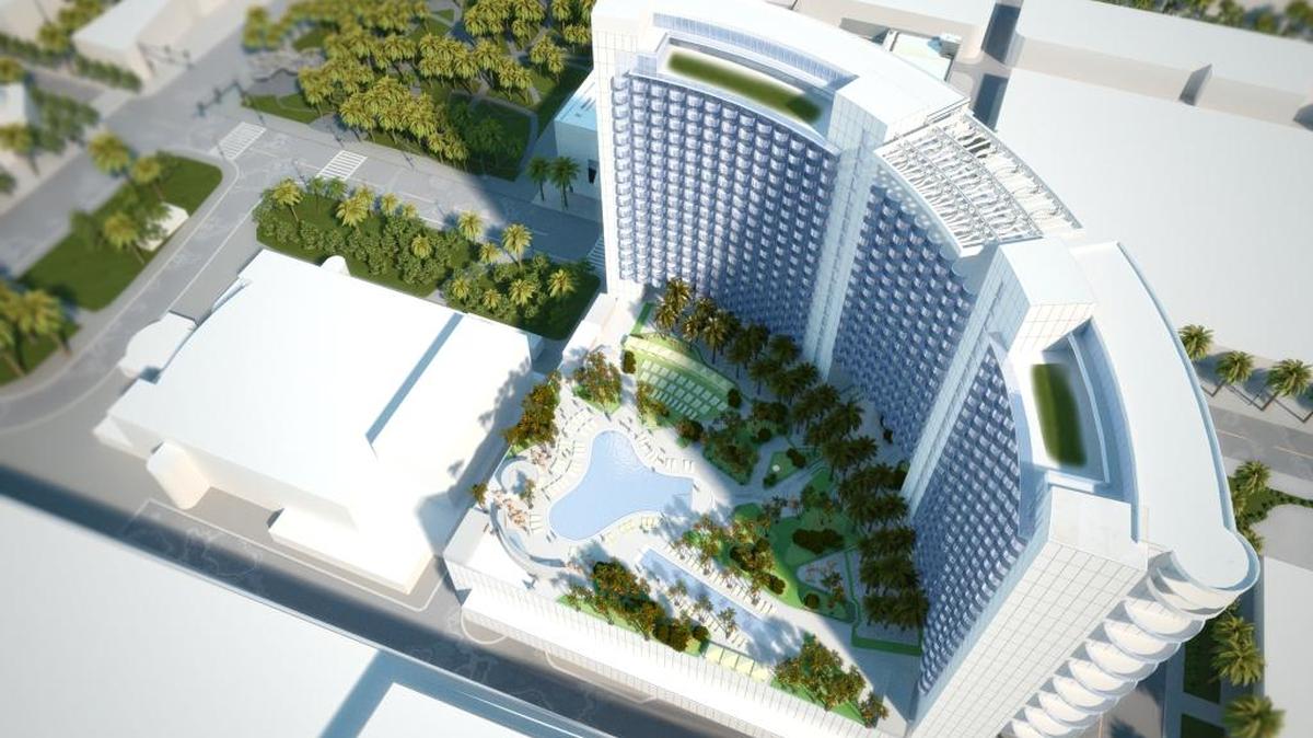 This rendering shows the overhead view of the proposed convention center hotel in Miami Beach. The 800-room hotel would be 288 feet tall.