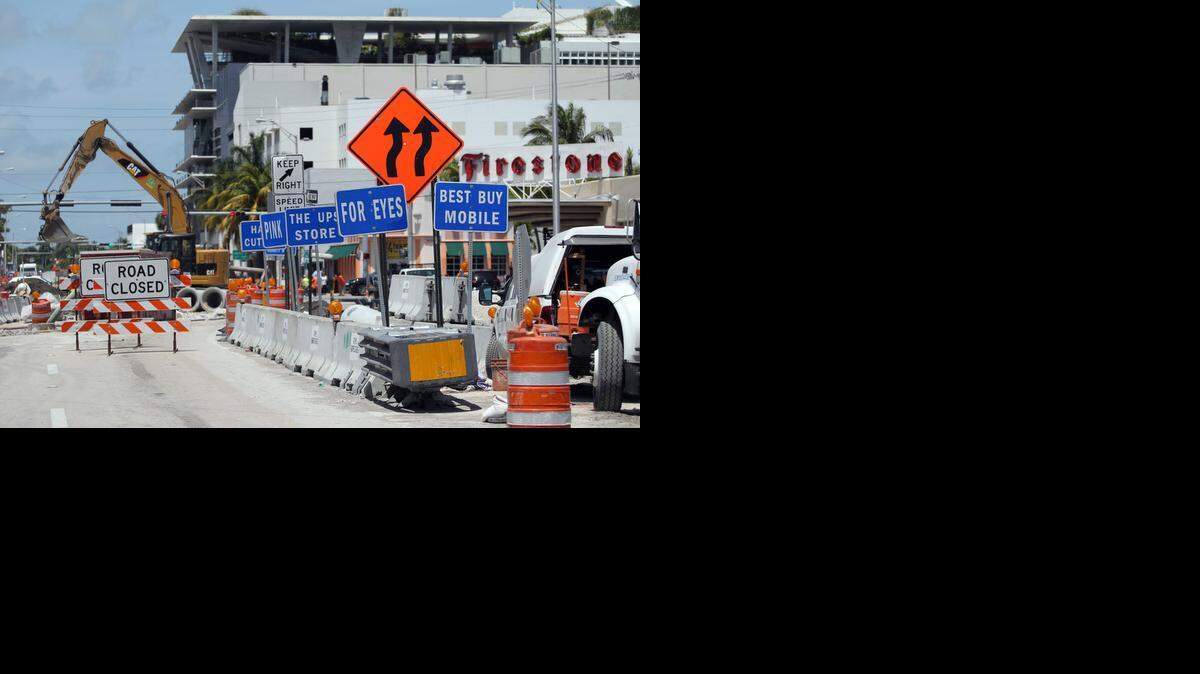 Road closures continue along Alton road as roadwork is being done in Miami Beach on April 14, 2014.


