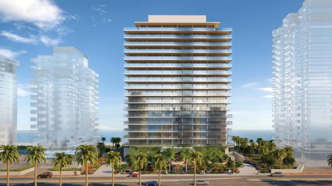 This rendering shows an aerial view of the proposed 17-story tower at 5775 Collins Avenue to replace the Marlborough House. The developer recently submitted update plans that include a walking path to the beach that neighbors wanted.