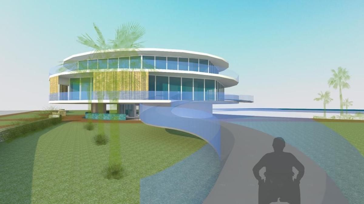 This rendering shows the proposed wellness center for the center of Allison Park. This shows the view looking north from the southern section of the park, where a ramp would be place to allow accessibility to wheelchairs.