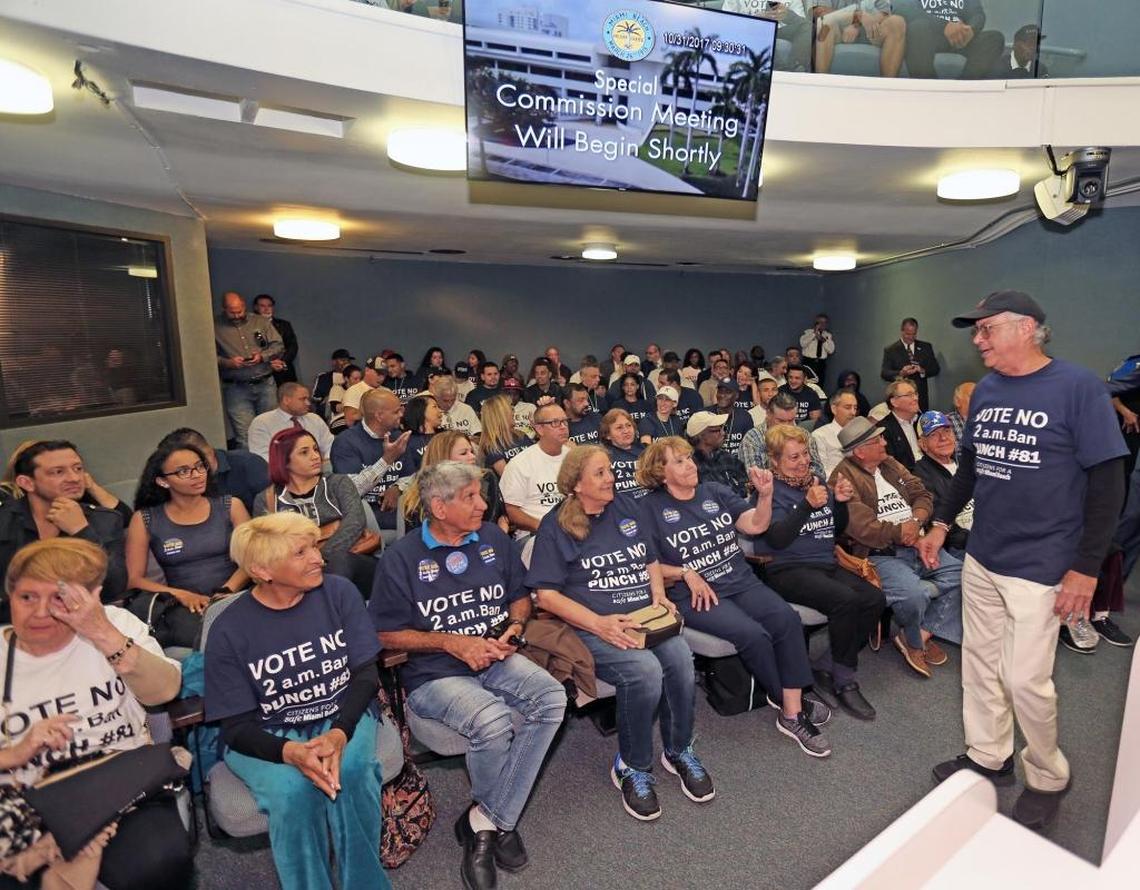 Miami Beach City Hall was full of demonstrators protesting the 2 A.M. liquor sales ban on Tuesday, October 31, 2017, however discussion of that topic was held off for another day by the city commission.