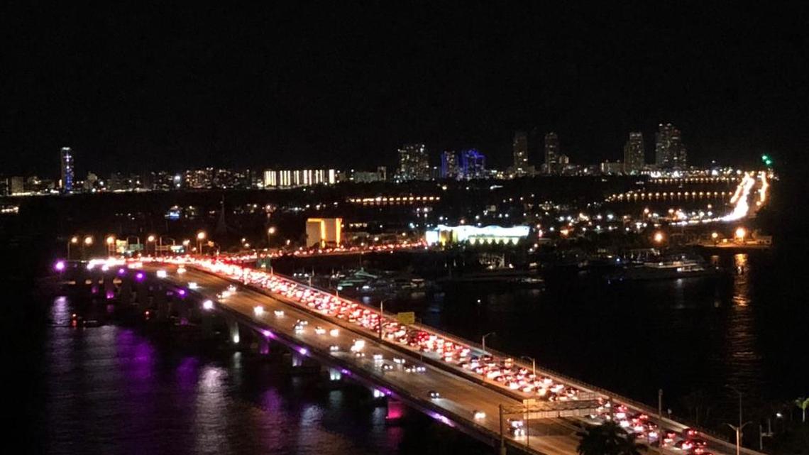 View from downtown Miami of the MacArthur Causeway’s Saturday night eastbound traffic about to be turned around.