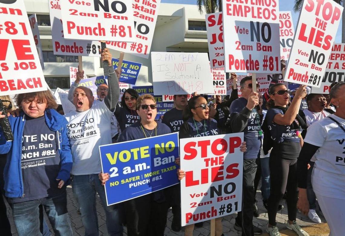 Hundreds of demonstrators working in the hospitality industry in Miami Beach protest in front of Miami Beach City Hall against the possibility of banning liquor sales past 2 a.m. on Tuesday, October 31, 2017.
