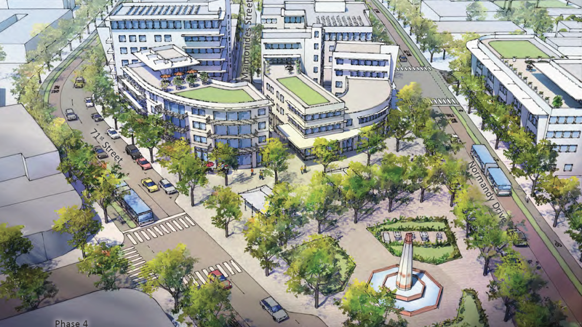 Rendering depicts a redeveloped commercial center on Normandy Isle, near the fountain.