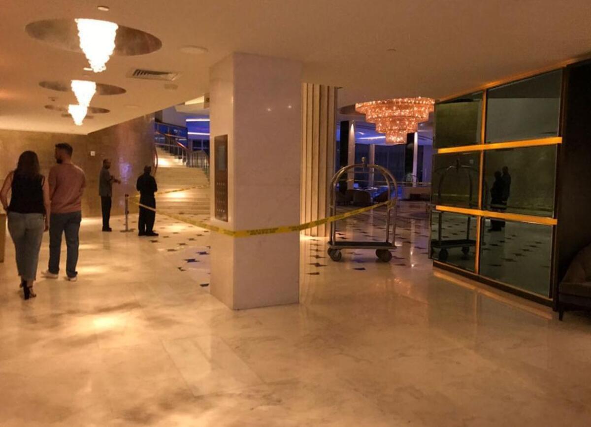The lobby of the Fontainebleau hotel in Miami beach is taped off as police investigate a shooting on Sunday, May 7, 2017.