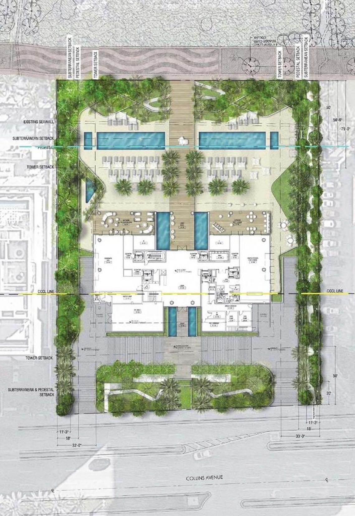 This site plan shows the revised plan, with the tree-lined beach path on the right, or south, side of the property.