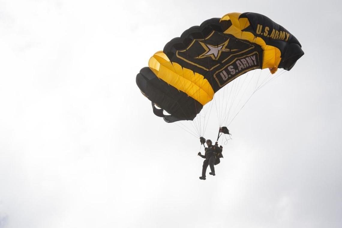 The U.S. Army Golden Knights parachute team performs at the Air and Sea Show Media Event at the Coast Guard Air Station Miami at Opa-locka Executive Airport on Friday, May 26, 2017.