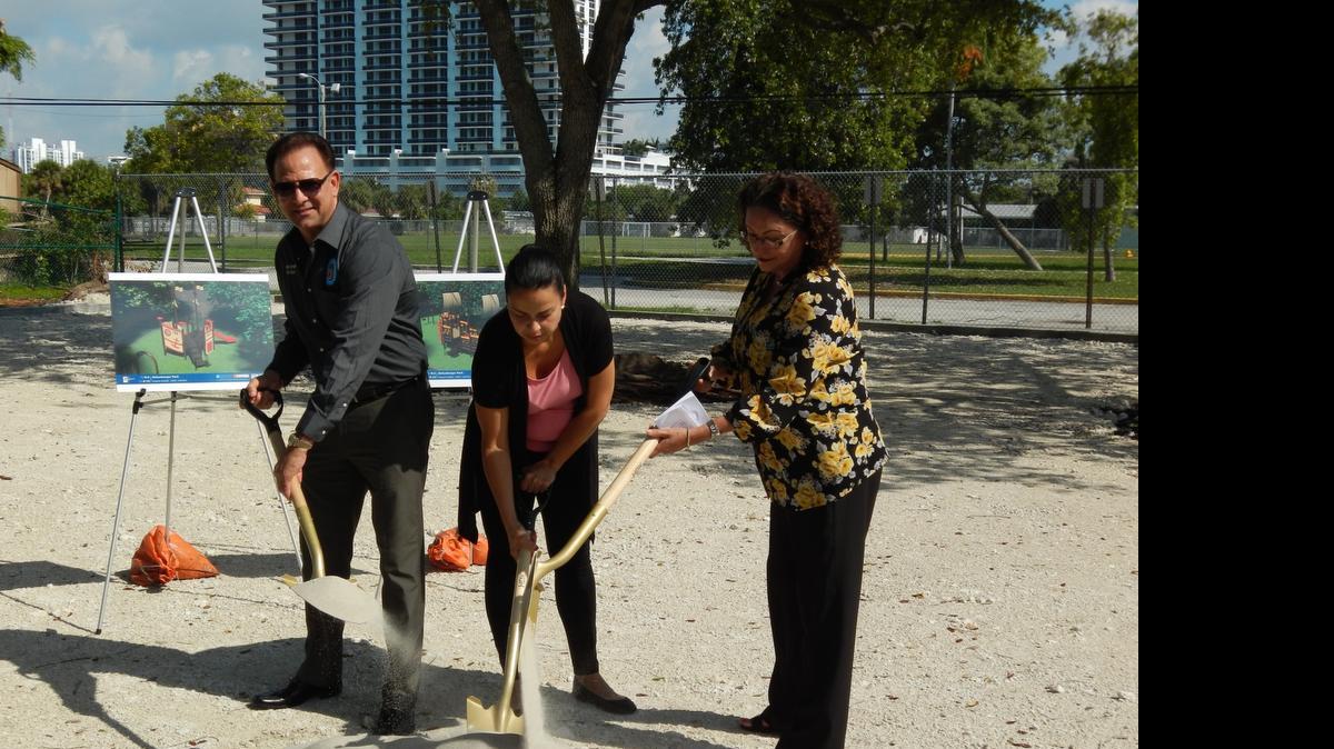 
Vice Mayor Jorge Gonzalez, Treasure Island Elementary PTA President Rosa Neely and Mayor Connie Leon-Kreps pose at the groundbreaking Monday for the renovation of Schonberger Park in North Bay Village.
