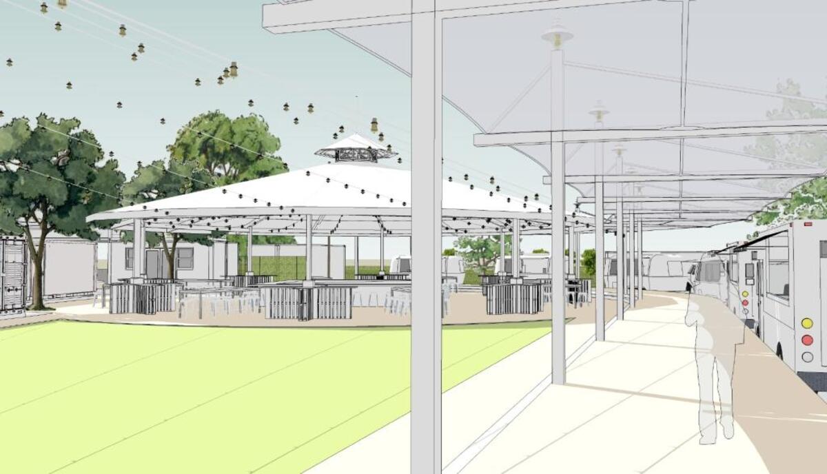 This rendering shows the ground-level view from inside the North Beach Yard.