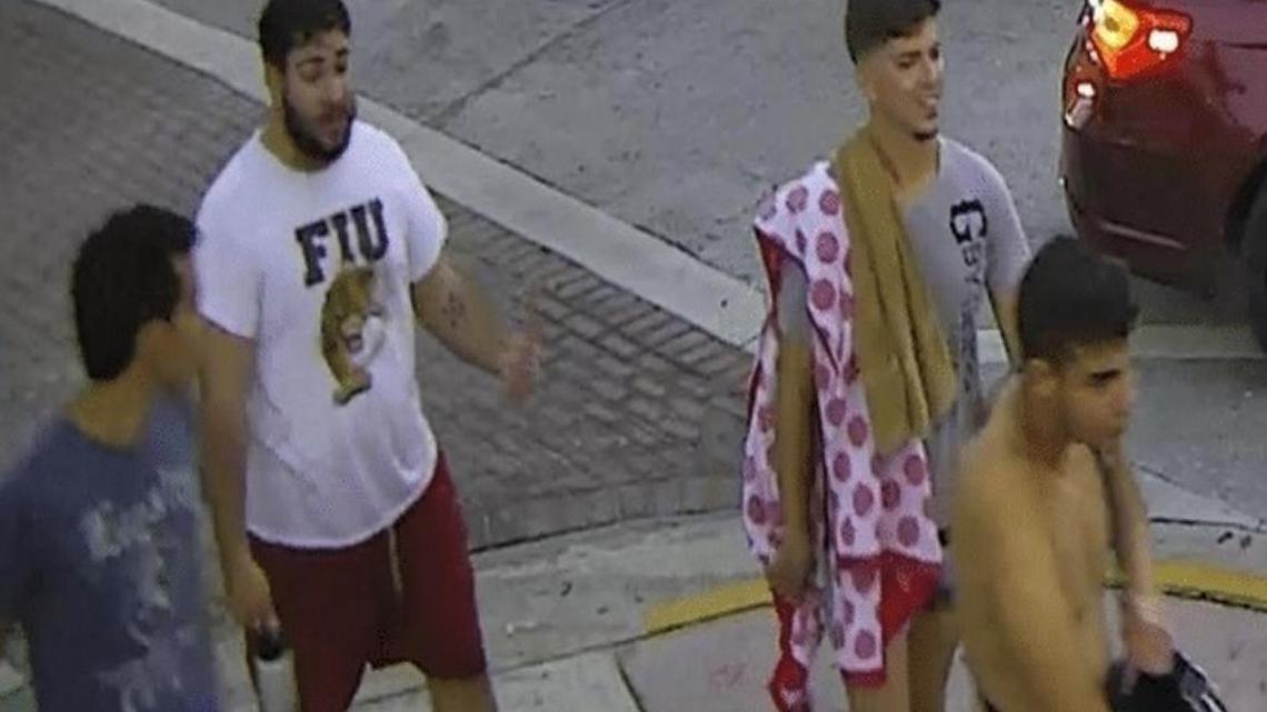The four young men who police are searching for in connection to a felony battery investigation in Miami Beach. The men randomly attacked two men near Ocean Drive and Sixth Street on Sunday evening after the Gay Pride parade in Miami Beach.