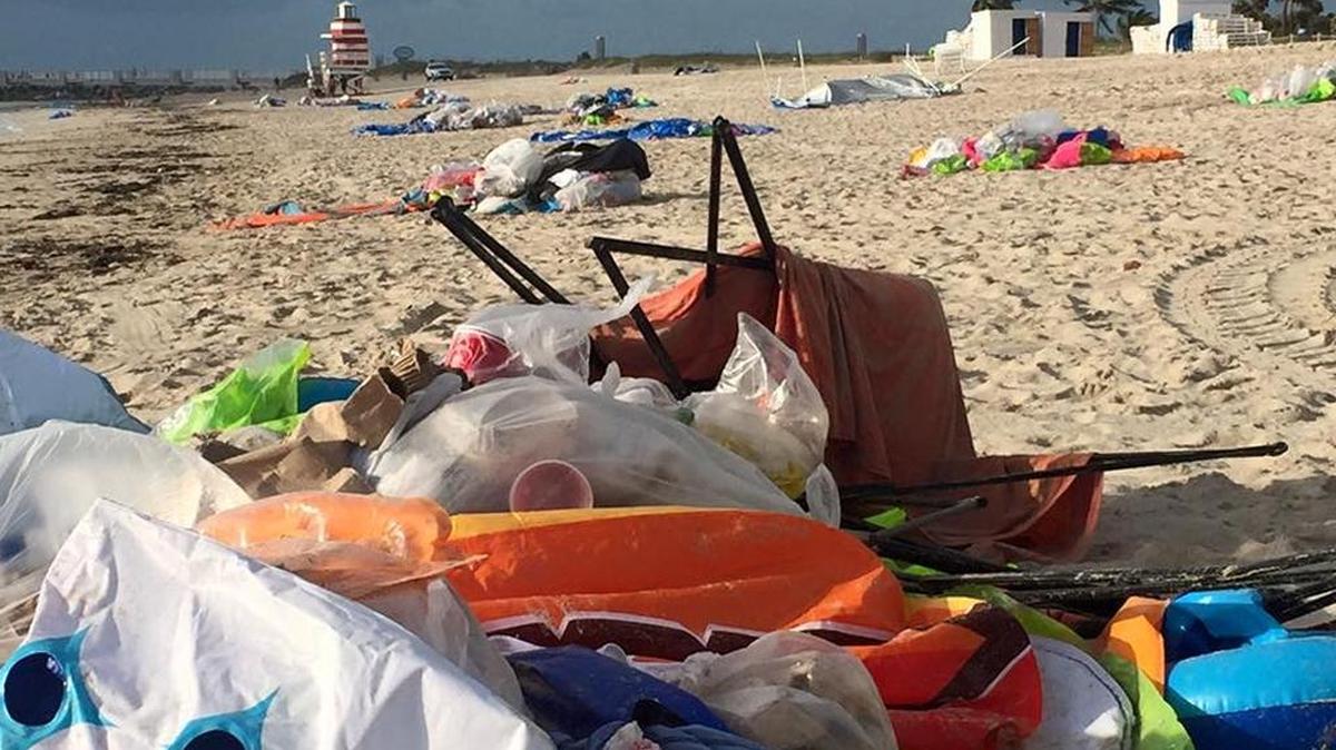 Trash left behind after Saturday’s Floatopia event on Miami Beach from South Pointe to 10th Street has city officials vowing to stop the non-sanctioned event from returning.