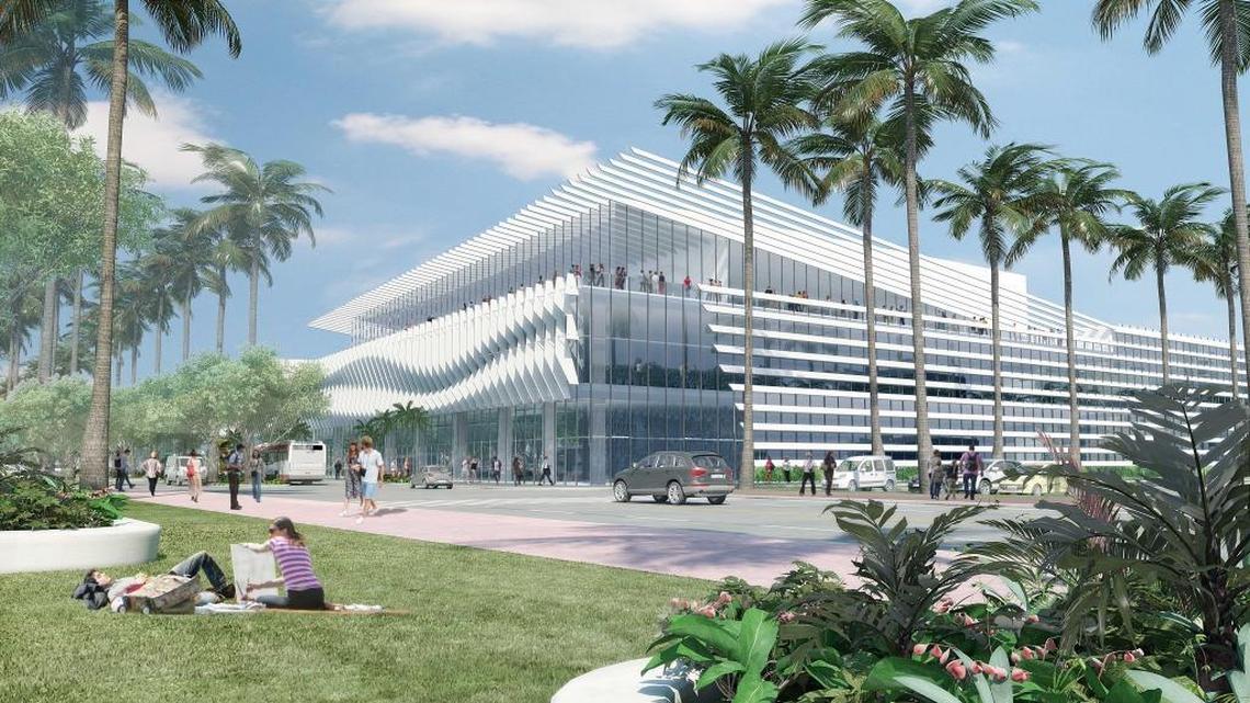 The southwest corner of the soon-to-be-renovated Miami Beach Convention Center is shown in this artist’s rendering of what the new facade will look like.