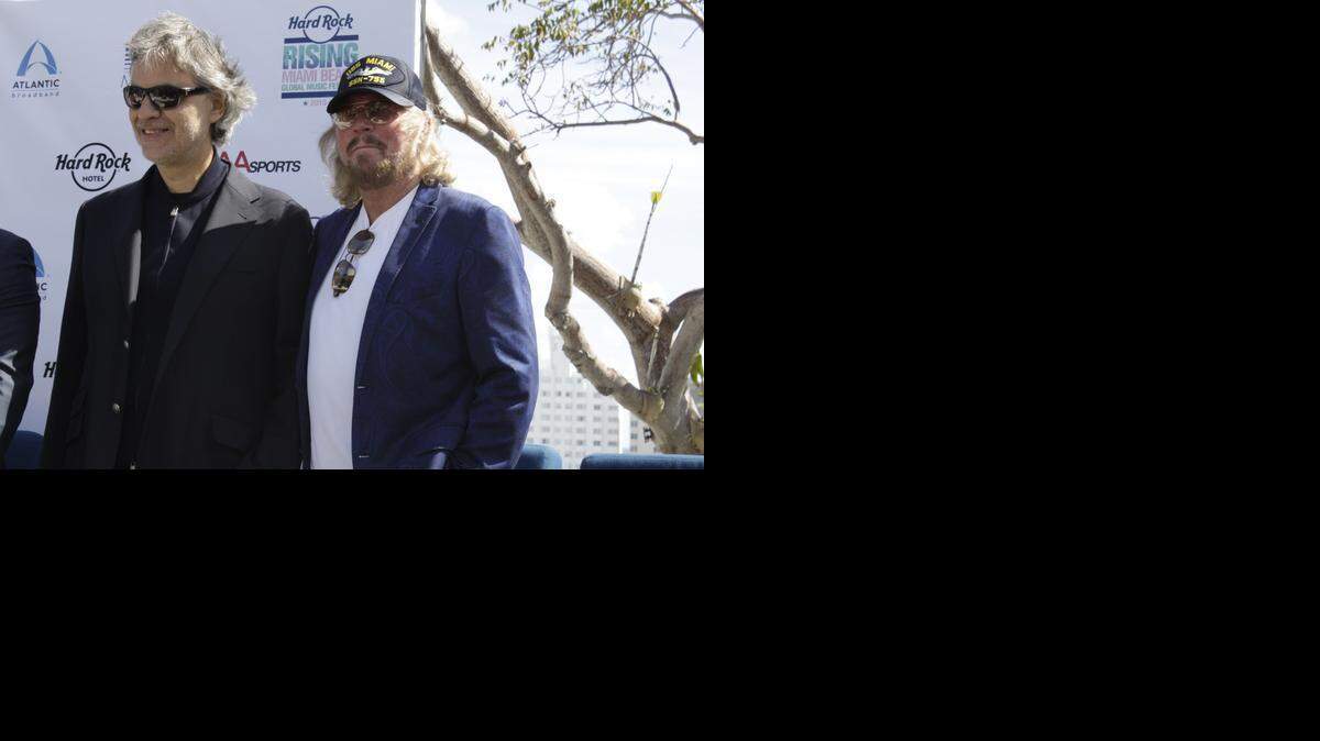 
Andrea Bocelli, left, and Barry Gibb appeared at a press conference Monday to promote their performances at the upcoming concert commemorating Miami Beach’s centennial.
