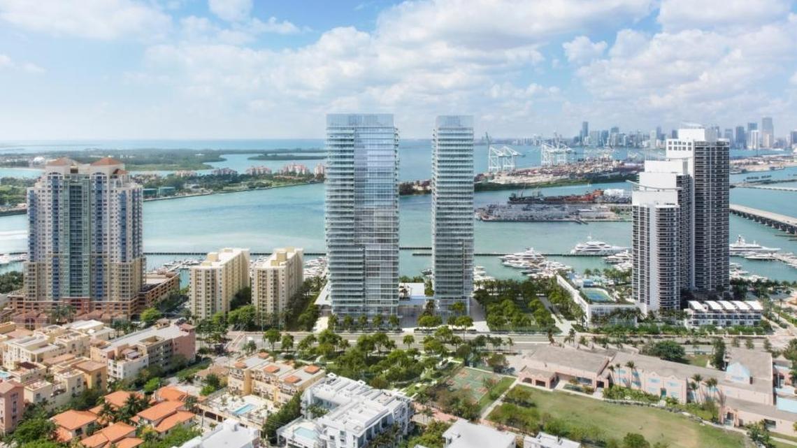 This rendering shows the proposal for redeveloping the Miami Beach Marina, which includes ground floor retail and restaurants, two 410-foot condo towers and a bayfront park.