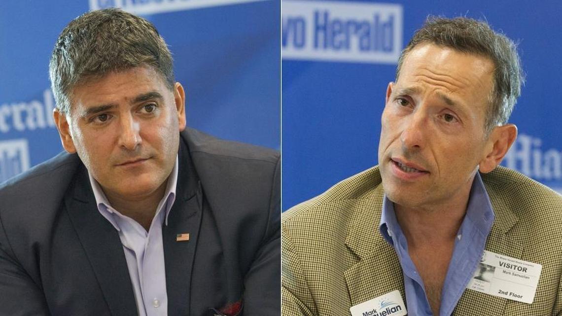 Rafael Velasquez, left, and Mark Samuelian are candidates for Miami Beach commission group two.