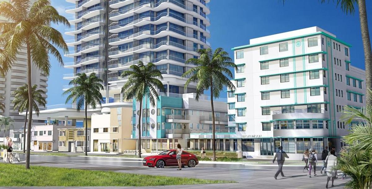 This rendering shows the view facing west from the northeast corner of Ocean Terrace and 75th Street in Miami Beach. Two historic late-era Deco hotels on the corner would be restored and connected while former hotel facades would be adapted to become storefronts. Behind the preserved facades, a new 135-foot condo building would be constructed.