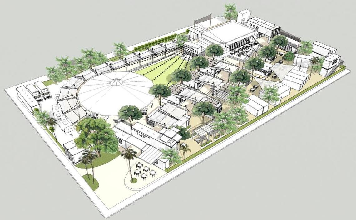 This rendering shows an aerial view of the planned layout for North Beach Yard, the Miami Beach version of Wynwood Yard.