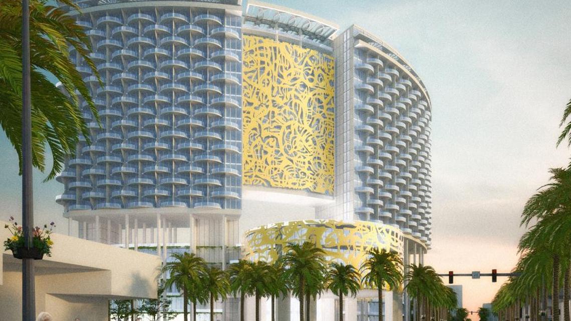 This rendering showed Portman Holdings’ vision for a proposed 300-foot tall, 800-room headquarter hotel next to the soon-to-be-renovated Miami Beach Convention Center.