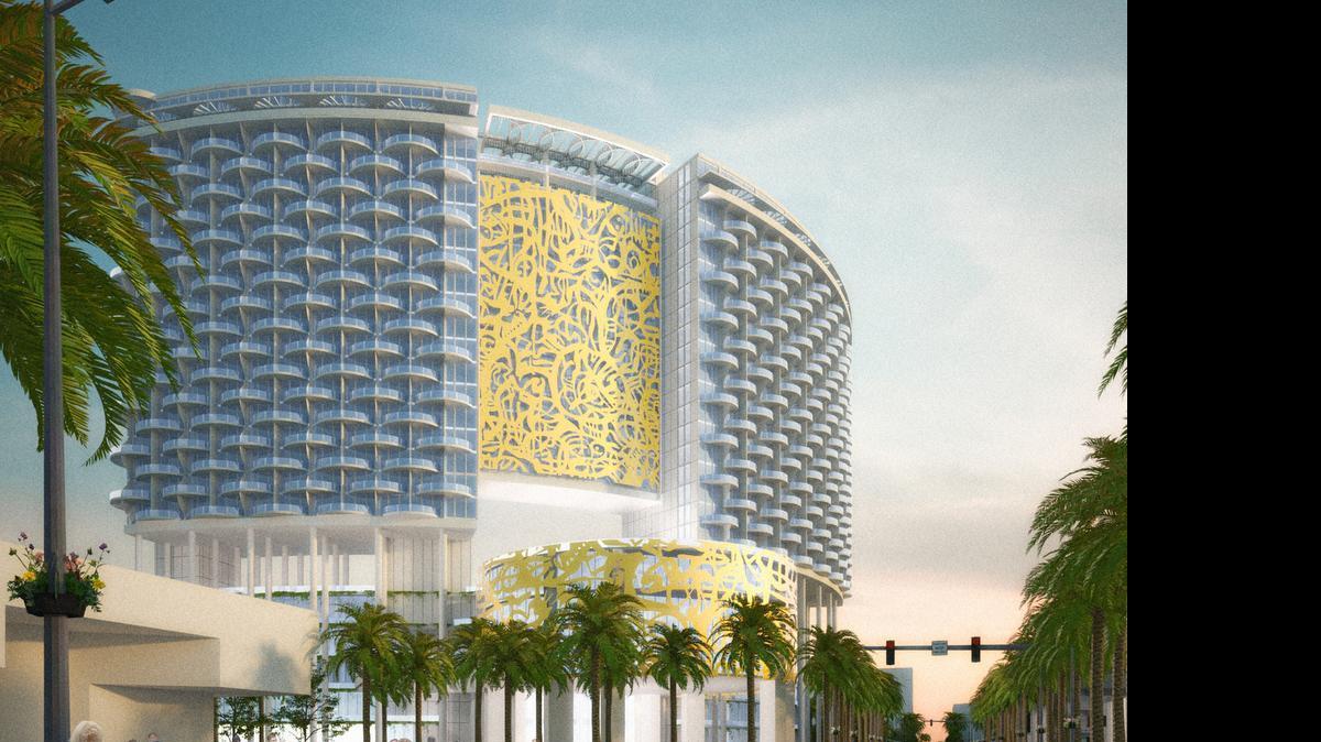 
This rendering shows Portman Holdings’ vision for a proposed headquarter hotel next to soon-to-be-renovated Miami Beach Convention Center. Beach commissioners voted to allow city staff to negotiate terms for a land lease for the hotel.
