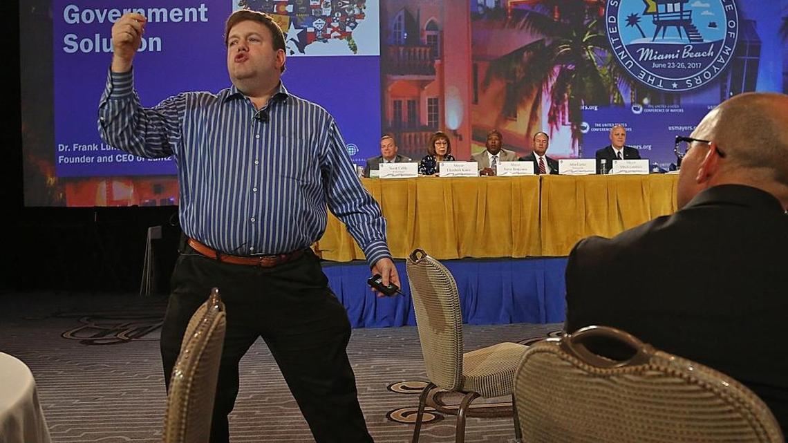 Pollster Frank Luntz speaks during a panel discussion at 85th Annual U.S. Conference of Mayors inside the Sparkle Ballroom on Miami Beach's Fontainebleau hotel on Sunday, June 25, 2017.
